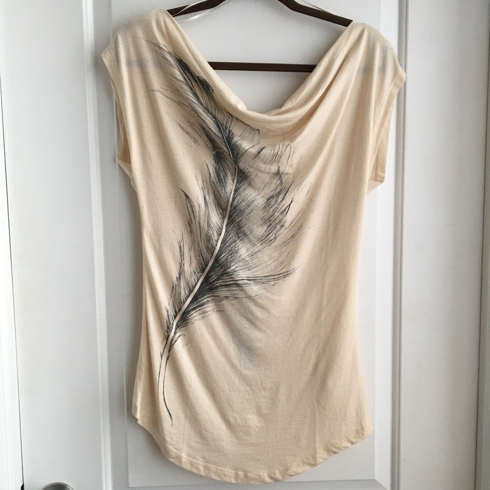 Esprit Feather Print Top, Cowl Neck, off-white cream color, XS
